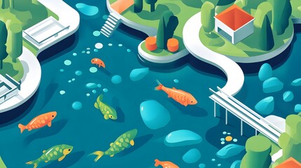 Isometric Flat Design Advertising Flyer for Fish Production Promotions and Marketing Campaigns