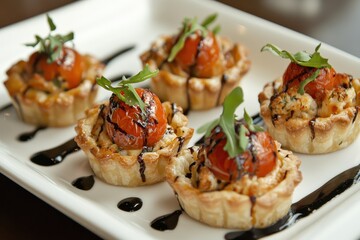 Delicious Mini Tarts with Baked Tomatoes and Fresh Herbs on Plate