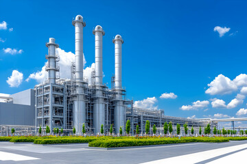 Modern power plant complex under a clear blue sky