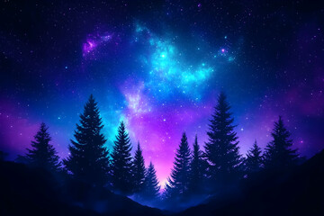 Naklejka premium Mystical night sky over a forest