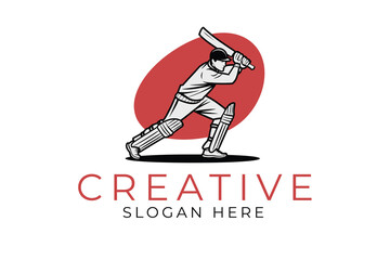 Dynamic Cricket Player Action Logo Design Graphic red game icon team sport white black    