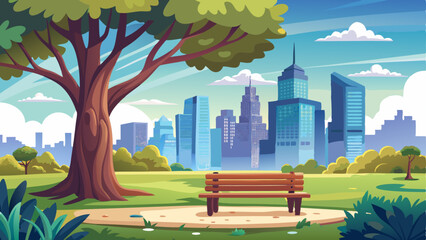 peaceful city park with a wooden bench under a large oak tree, overlooking a skyline of modern skyscrapers.