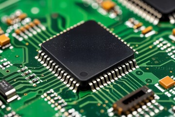 close-up of a microchip chip concept mounted on a green printed circuit board pcb primer plano de un microchip montado en una placa de circuito impreso verde pcb