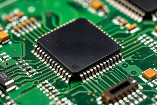 close-up of a microchip chip concept mounted on a green printed circuit board pcb primer plano de un microchip montado en una placa de circuito impreso verde pcb