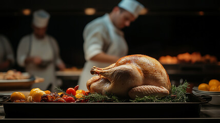 Festive Feast: A meticulously roasted turkey takes center stage, beautifully presented on a platter with garnish, while chefs busily prepare in the background.