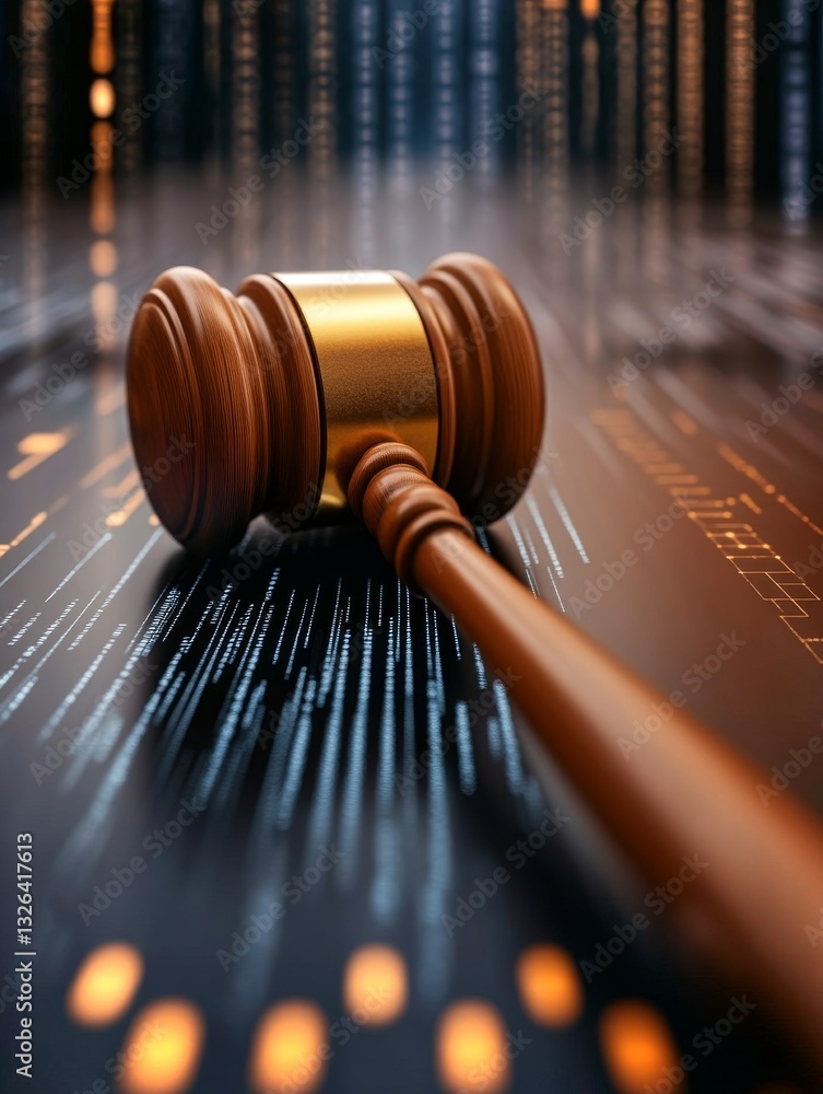 Poster justice system in a technological world reflects through a gavel resting on digital codes