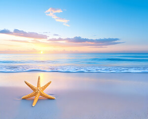 Fototapeta na wymiar Peaceful sunrise beach scene with starfish
