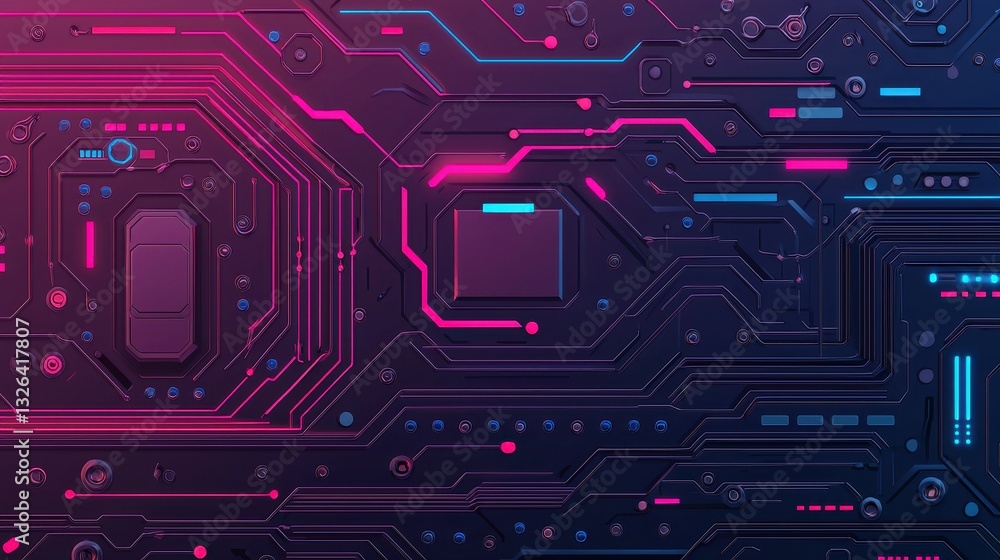 Poster abstract circuit board design with neon colors and digital patterns