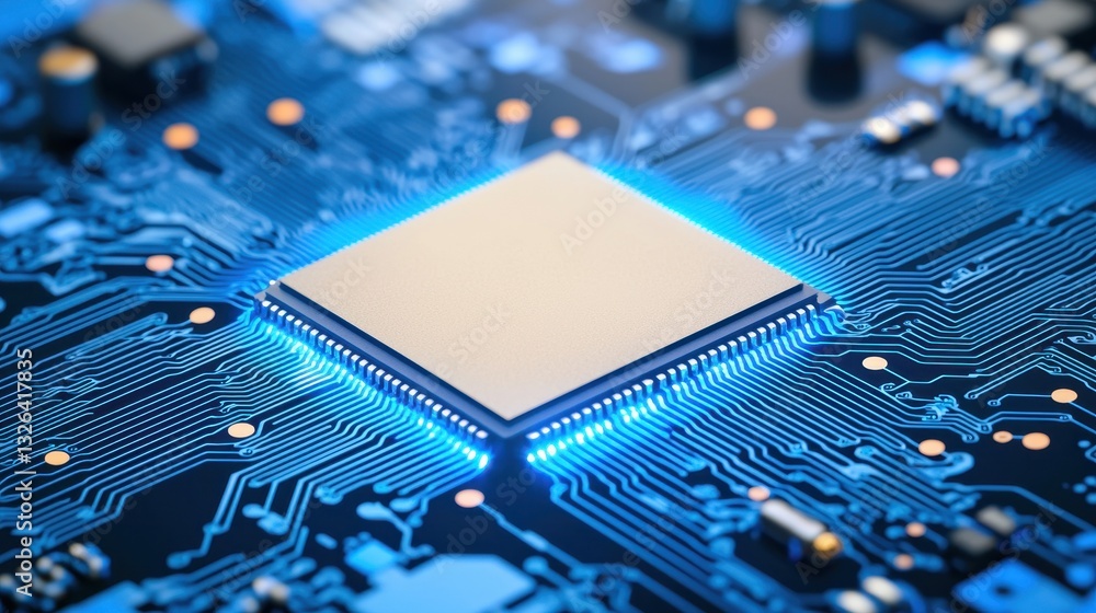 Poster close-up view of microchip on circuit board with blue lighting effects