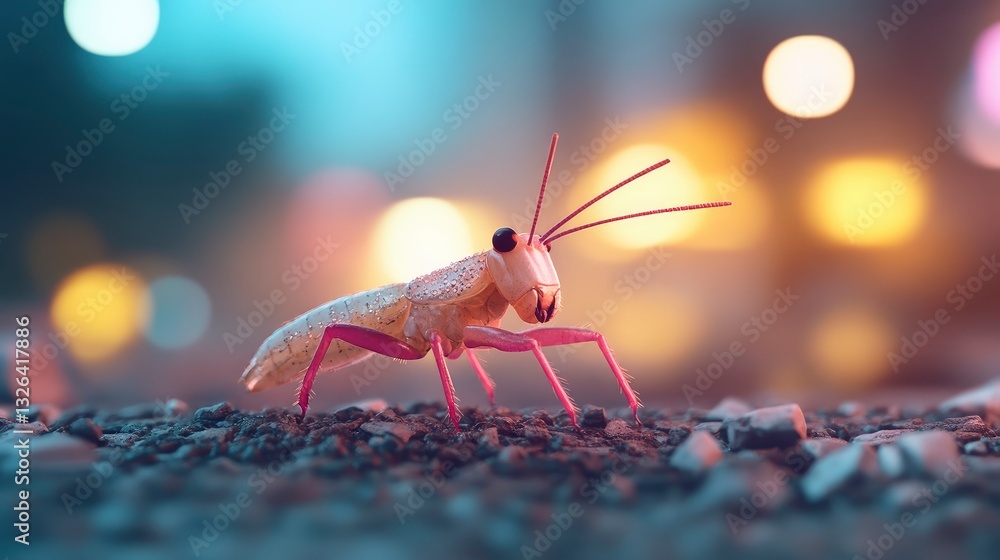 Poster a stylized 3d rendering of a praying mantis on a dark surface with blurred city lights in the backgr