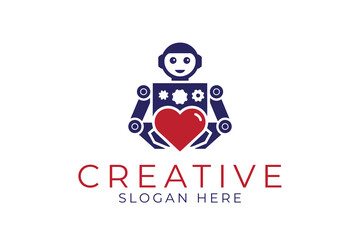 Robot Holding Heart Logo Design Creative Concept red love care icon blue help gear white  