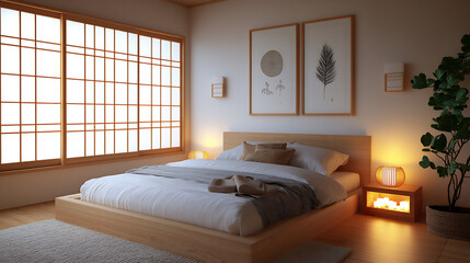 Obraz premium cozy japanese bedroom by candlelight
