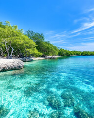 Pristine tropical beach with turquoise water and lush green trees