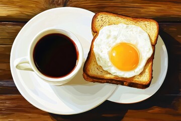 Breakfast with Coffee and Poached Egg on Toast in Warm Setting