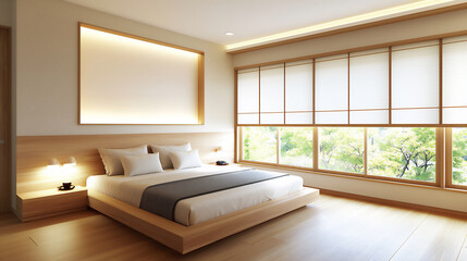 Fototapeta premium cozy japanese bedroom with wooden elements