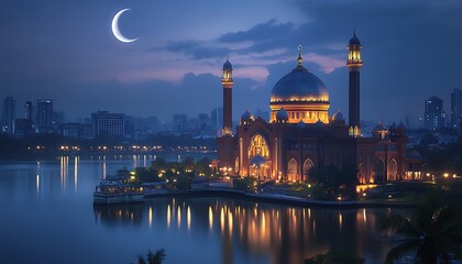 Fototapeta premium Illuminated Mosque with Large Dome Reflecting in Calm Waters Under Crescent Moon