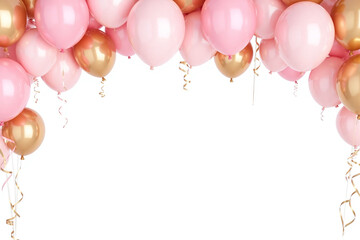 pink and gold balloons with confetti on a transparent background