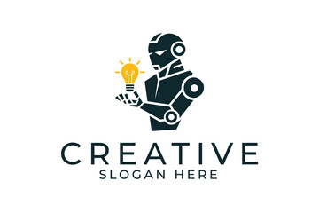 Innovative Robot Holding Bright Idea Lightbulb Design icon logo dark blue smart clean     