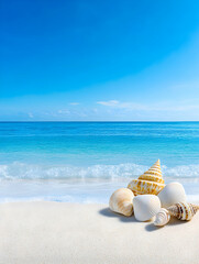 Seashells on pristine beach, sunny day