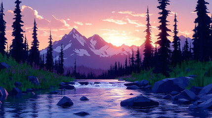 Mountain stream sunset view