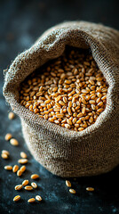  barley grains in burlap sack