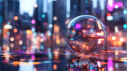 Digital globe with futuristic city reflections and neon lights. Global technology and connectivity concept