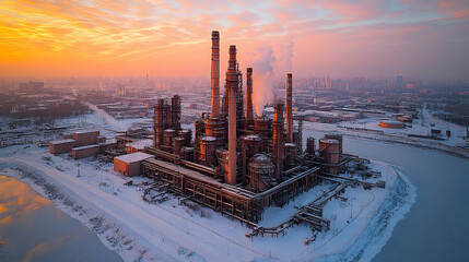 Fototapeta premium Industrial complex at winter sunrise
