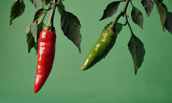 vibrant red and green chilli hanging gracefully on its slender stem while surrounding green leaves sway gently in the breeze against bright green backdrop