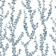 Silver dollar or baby blue pulverulenta eucalyptus branches seamless pattern. Hand drawn vector illustration background.