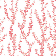 Silver dollar or baby blue pulverulenta eucalyptus branches seamless pattern in pink palette. Hand drawn vector illustration background.