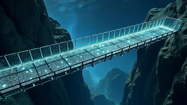 Futuristic Glass Bridge Spanning a Deep Canyon at Night