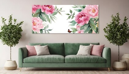 Watercolor hand painted nature romantic banner frame with green eucalyptus plants, pink blossom peony flowers and butterflies on the living room,no people, photography, bouquet,45