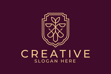 Elegant Golden Line Art Logo Design Shield Creative Branding icon badge retro plant crest 