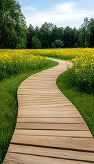 Fototapeta premium Serene wooden pathway meandering through a vibrant yellow flower field