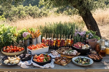 Fototapeta premium Vibrant Outdoor Feast with Colorful Dishes and Fresh Ingredients