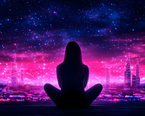 Silhouette of woman meditating, city skyline, starry night