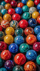 Fototapeta premium Colorful marbles arranged in a triangular pattern.