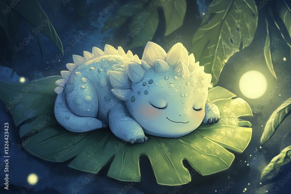 Poster cute dinosaur with big eyes and a friendly smile, sitting happily with tiny arms and a playful expre