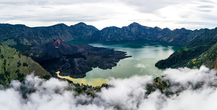 Aerial drone view of active Rinjani volcano crater on the island of Lombok, Indonesia