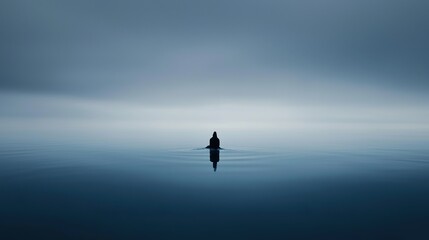 Fototapeta premium Lone figure standing in vast calm water with foggy atmosphere and soft reflection