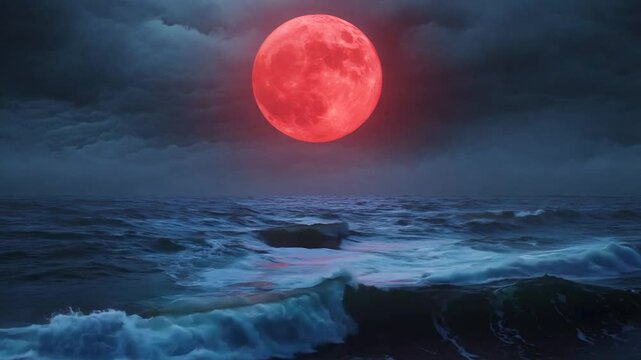 A striking red moon illuminates turbulent ocean waves under a stormy sky at night