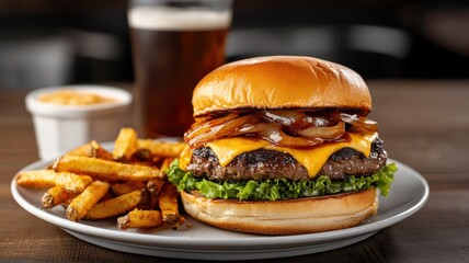 Delicious cheeseburger with fries and beer on a rustic table setting, ready to satisfy your cravings.
