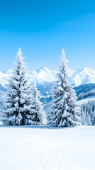 Snowy mountain peaks and frosted pines