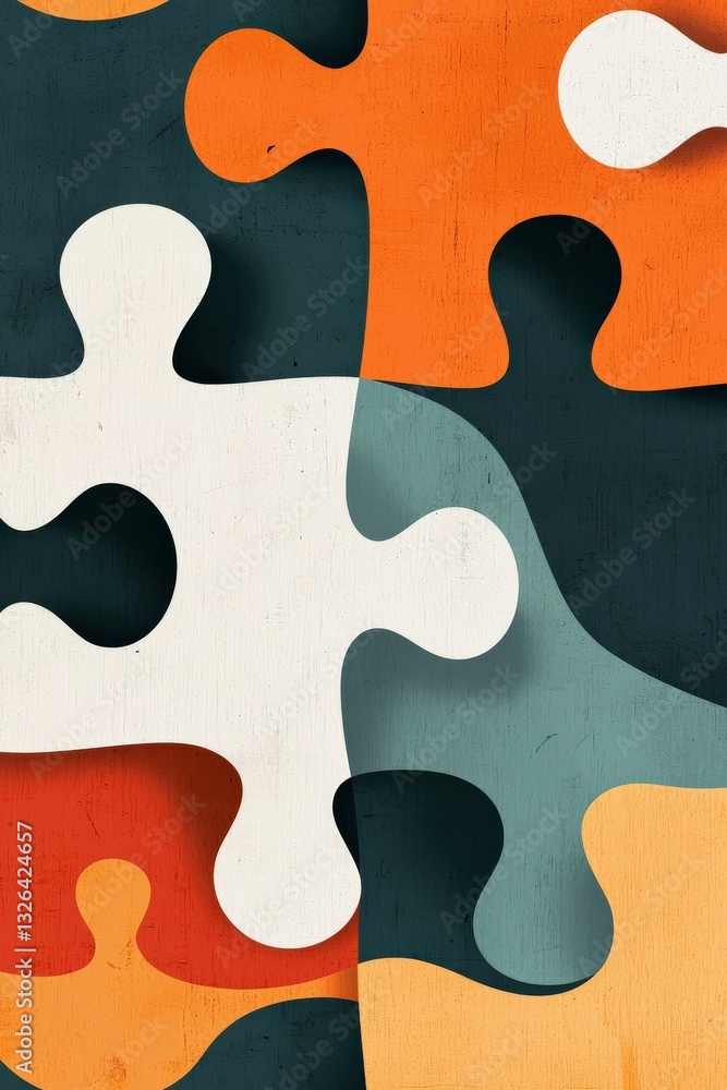 Poster abstract art with flowing lines integrating puzzle shapes