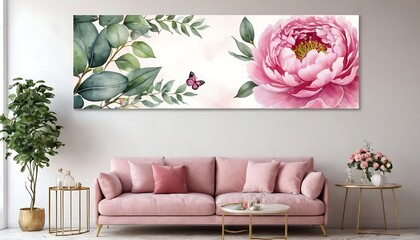 Watercolor hand painted nature romantic banner frame with green eucalyptus plants, pink blossom peony flowers and butterflies on the living room,no people, photography, bouquet,86