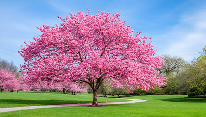 Springtime in a park, vibrant pink cherry blossoms
