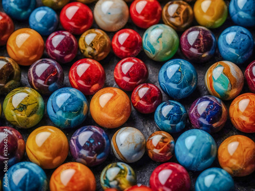 Poster colorful marbles arranged in a triangular pattern.