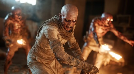 This image portrays a frightening scene with multiple zombies staggering out from the shadows, exuding a strong sense of horror and thrilling suspense.