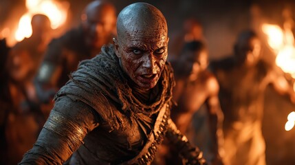 A terrifying horde of zombies advances through a chaotic and dark setting, bringing forth a dramatic representation of fear and survival in a post-apocalyptic world.