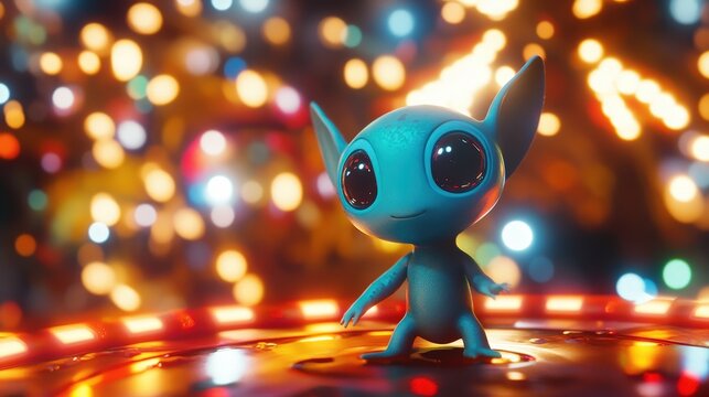 Cute alien on the background of a flying saucer. Selective focus.